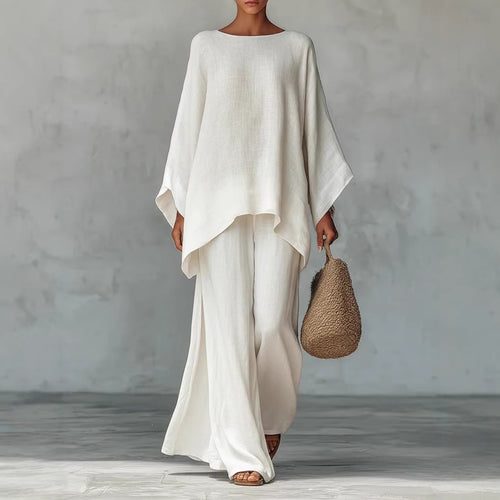 Womens Elegant Loose Cotton Linen Top Wide Leg Pants Casual Set