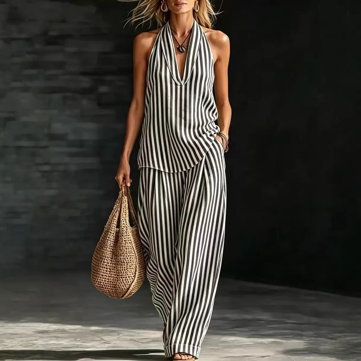 Sleeveless Loose Shoulder Strap Wide Leg Pants