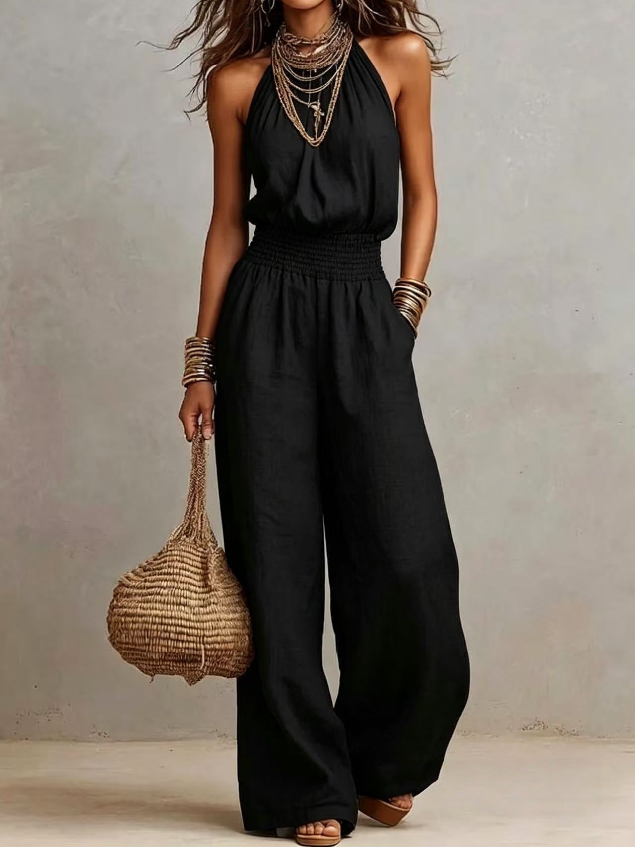 Solid-color sleeveless wide-leg jumpsuit