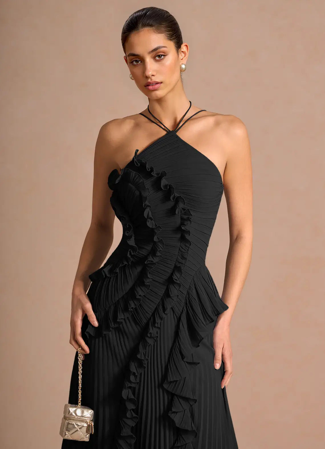 Pleated Halter Neck Backless Dress