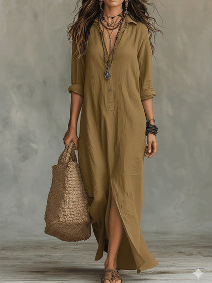 Casual Solid Color Lapel Front Slit Long Dress