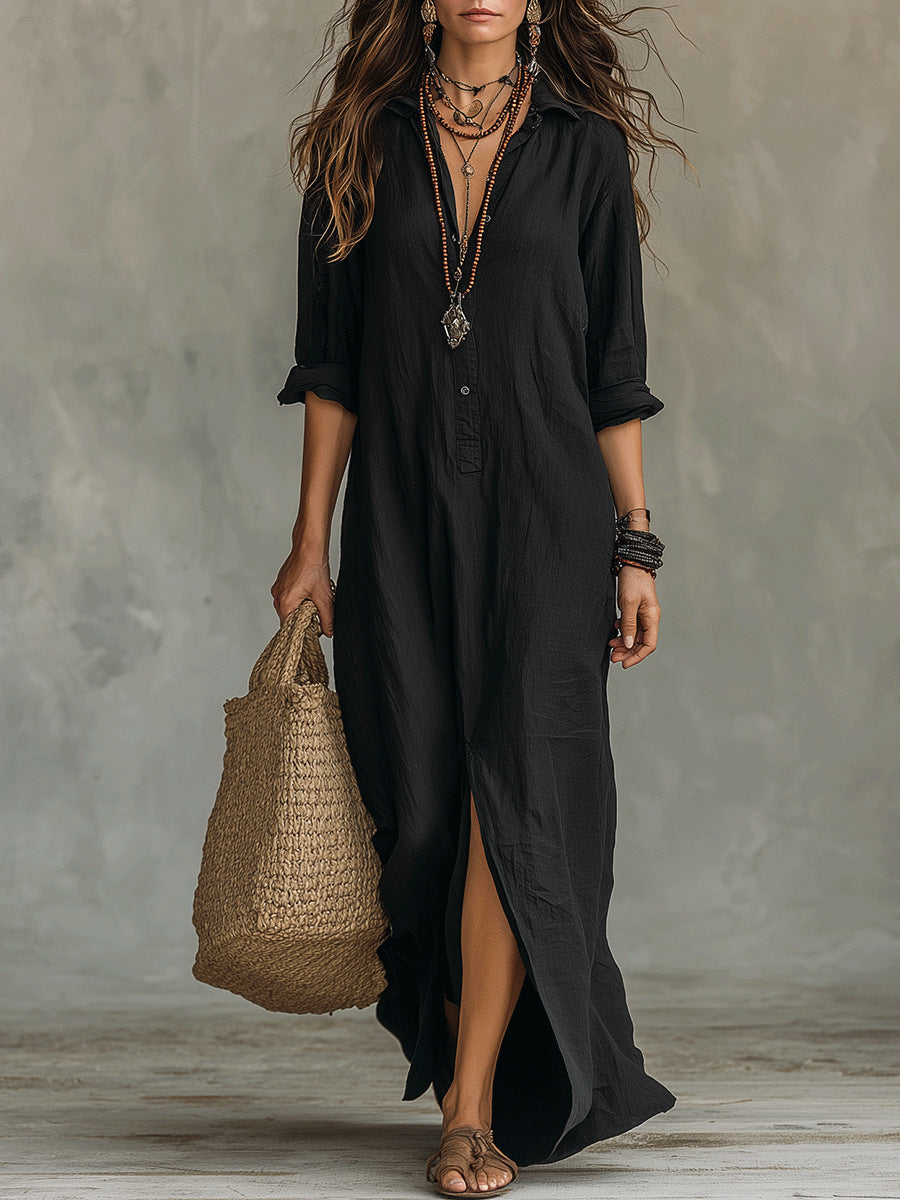 Casual Solid Color Lapel Front Slit Long Dress
