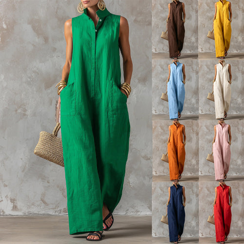 Sleeveless Linen Blend Wide-Leg Jumpsuit with Stand Collar