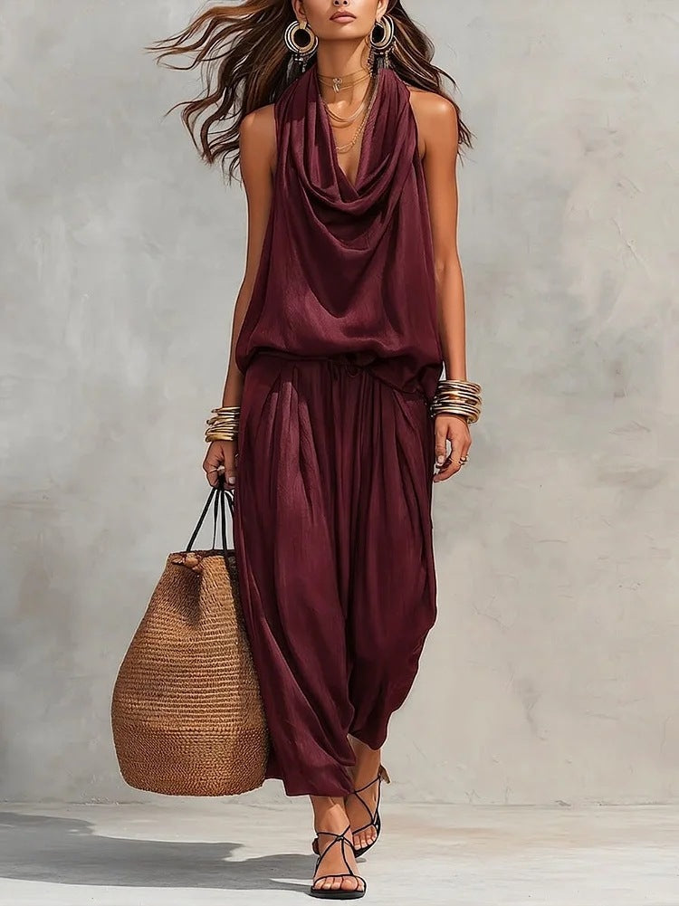 Women's Elegant Workwear Draped Collar Vest and Casual Pants Set