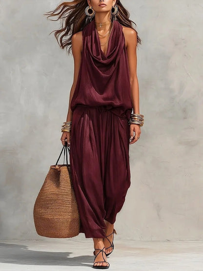 Women's Elegant Workwear Draped Collar Vest and Casual Pants Set