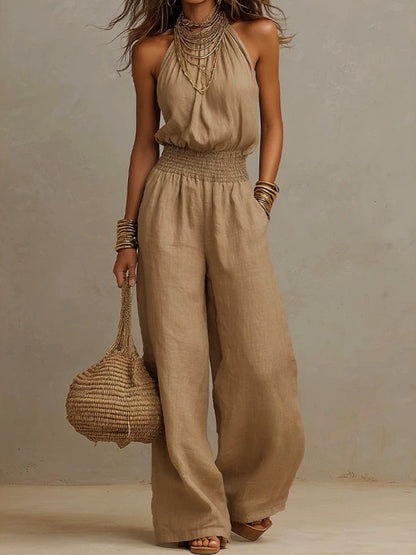 Solid-color sleeveless wide-leg jumpsuit