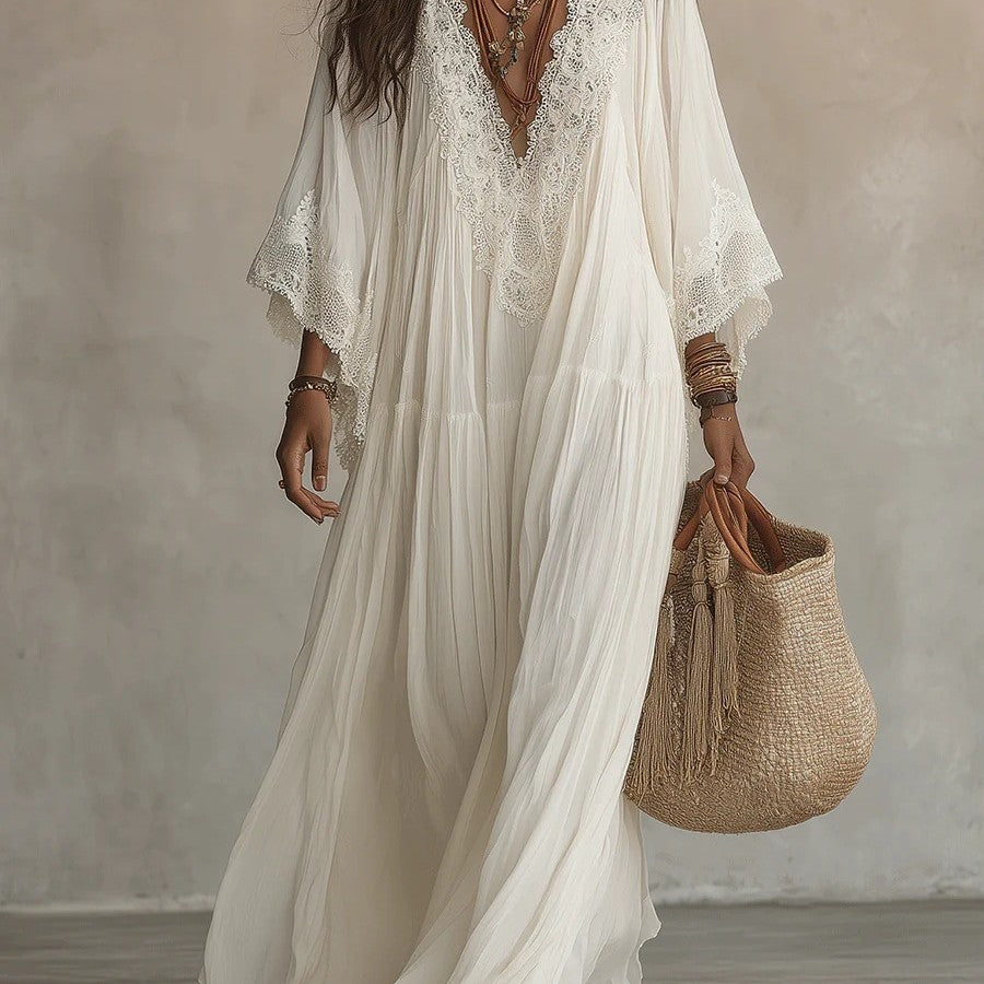 Vestido largo de blanco con escote en V