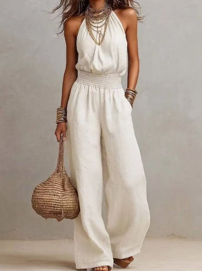 Solid-color sleeveless wide-leg jumpsuit