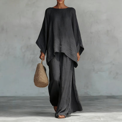 Womens Elegant Loose Cotton Linen Top Wide Leg Pants Casual Set