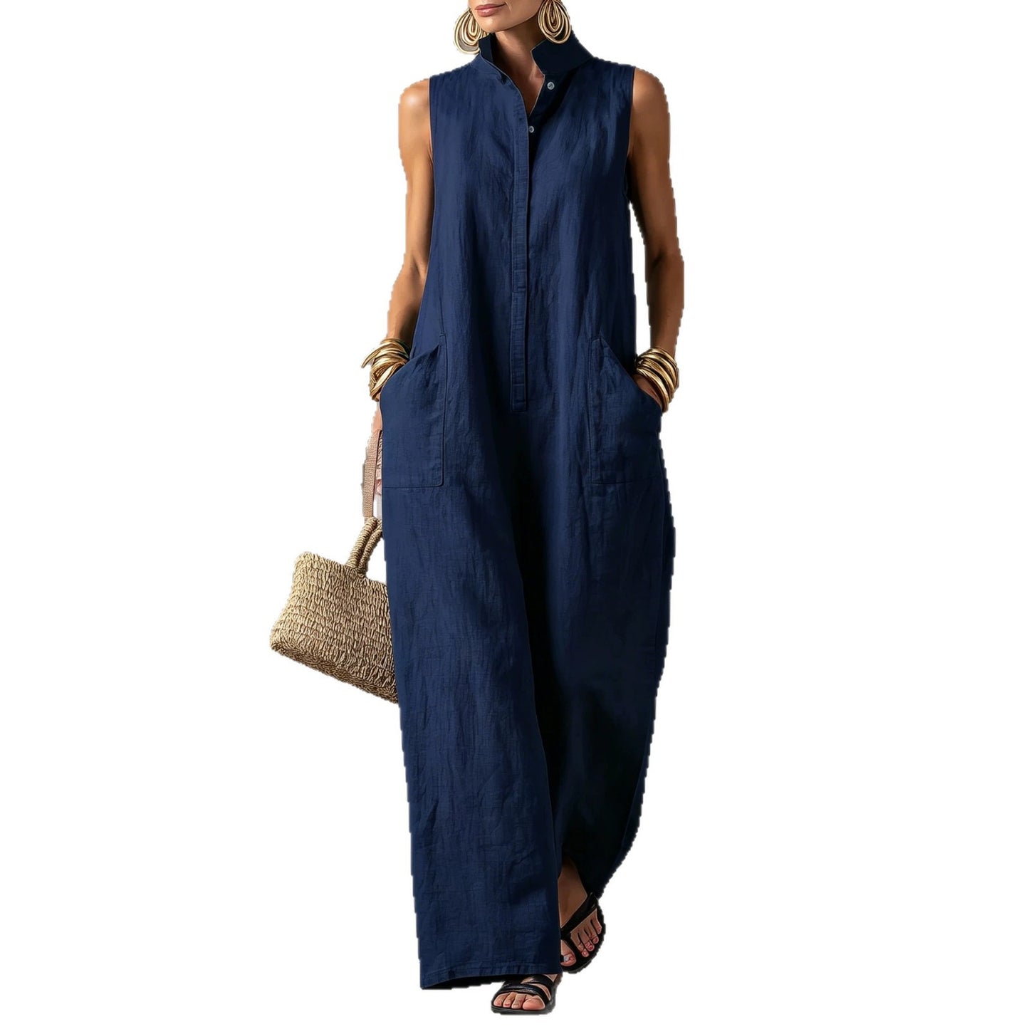 Sleeveless Linen Blend Wide-Leg Jumpsuit with Stand Collar