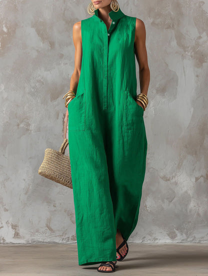 Sleeveless Linen Blend Wide-Leg Jumpsuit with Stand Collar