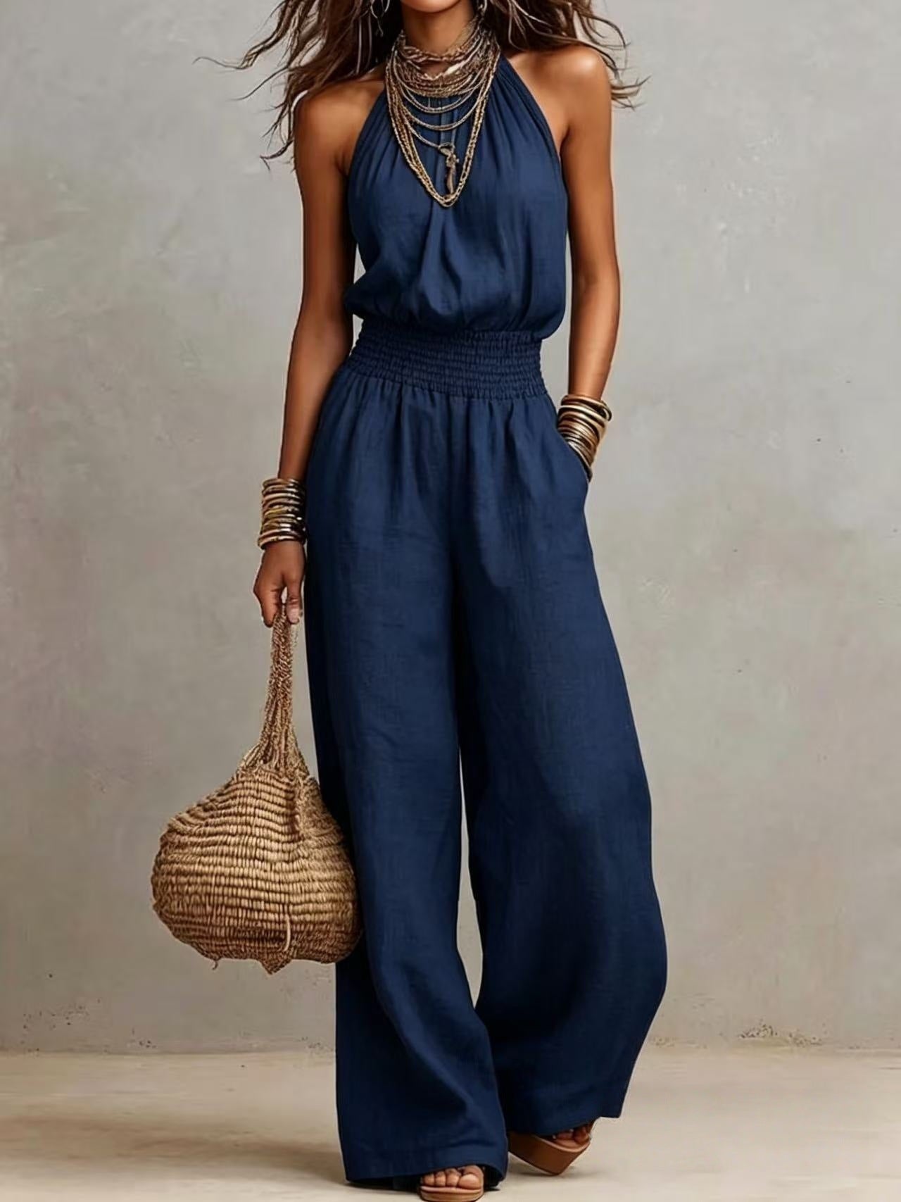 Solid-color sleeveless wide-leg jumpsuit