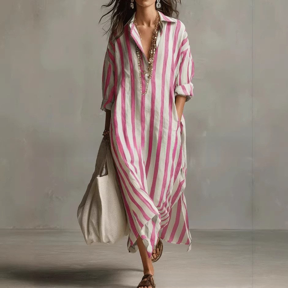 Casual Striped Shirt Bohemian Style Long Skirt