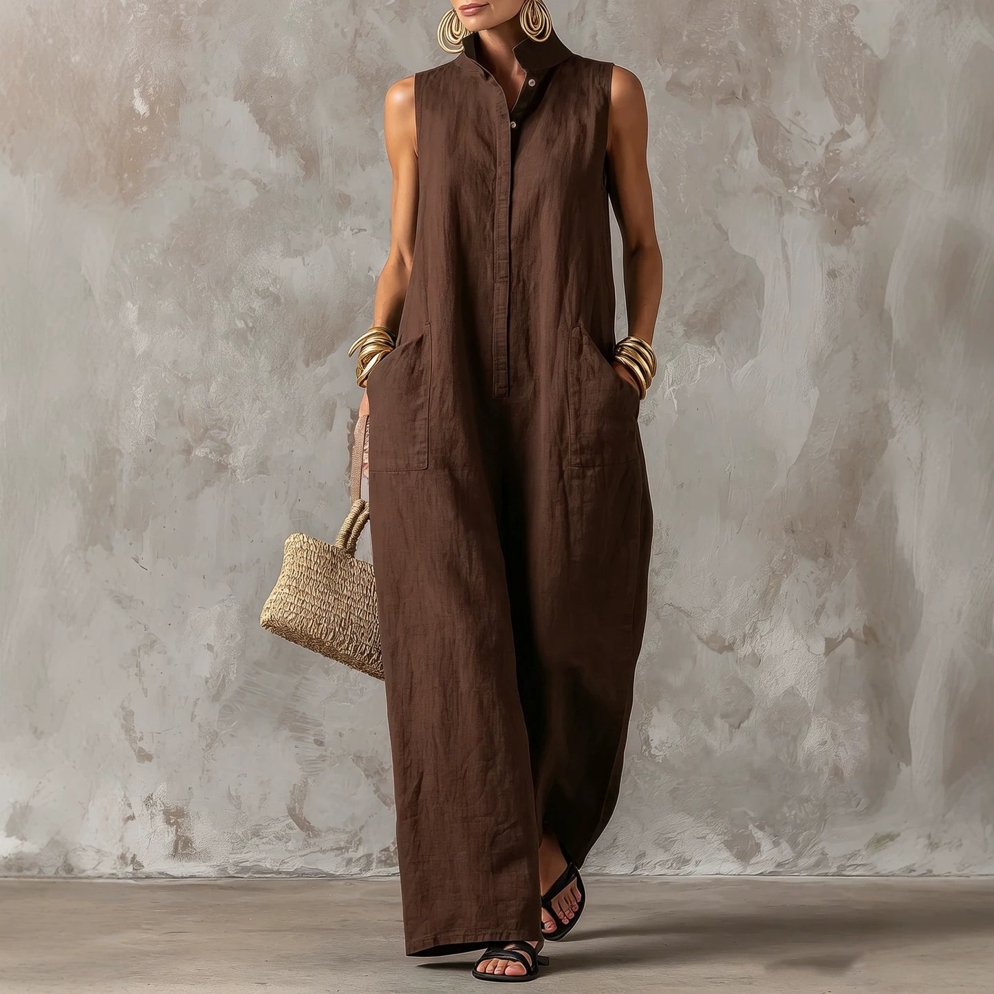 Sleeveless Linen Blend Wide-Leg Jumpsuit with Stand Collar