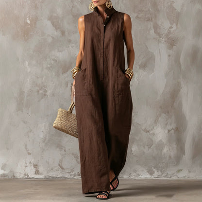 Sleeveless Linen Blend Wide-Leg Jumpsuit with Stand Collar