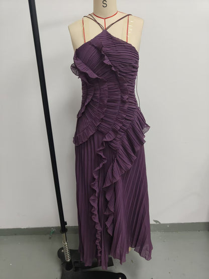 Pleated Halter Neck Backless Dress