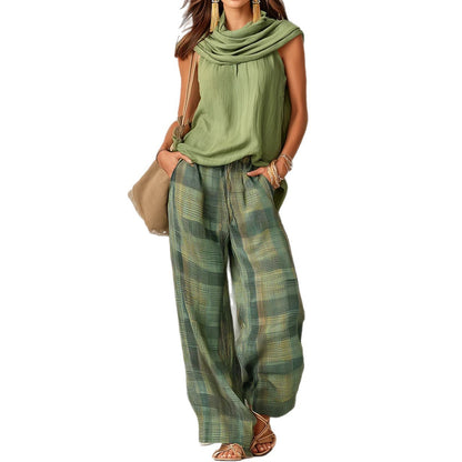 Women's Retro Sleeveless Top and Plaid Pants Set