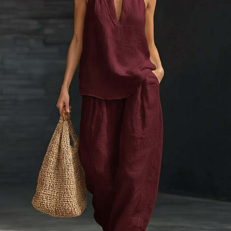 Womens Sleeveless Linen Two-Piece Set
