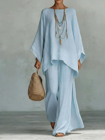 Womens Elegant Loose Cotton Linen Top Wide Leg Pants Casual Set