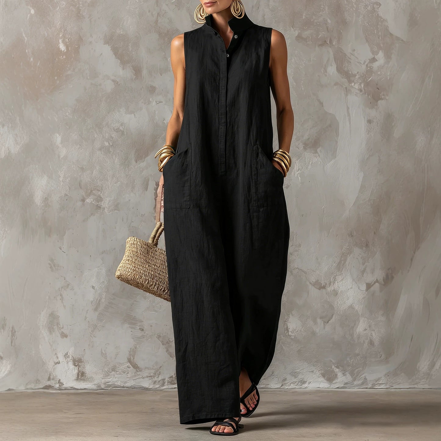 Sleeveless Linen Blend Wide-Leg Jumpsuit with Stand Collar