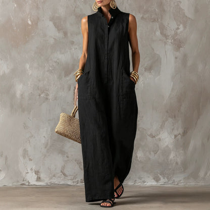Sleeveless Linen Blend Wide-Leg Jumpsuit with Stand Collar
