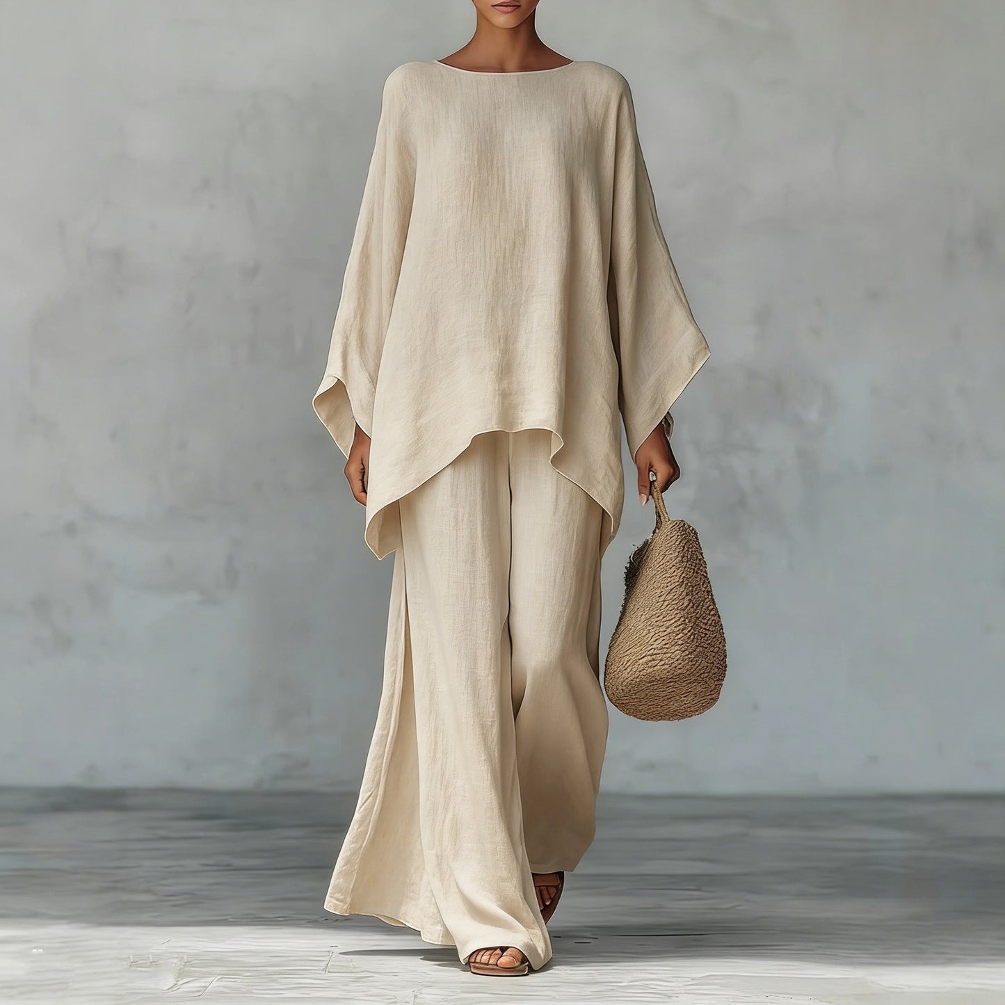 Womens Elegant Loose Cotton Linen Top Wide Leg Pants Casual Set