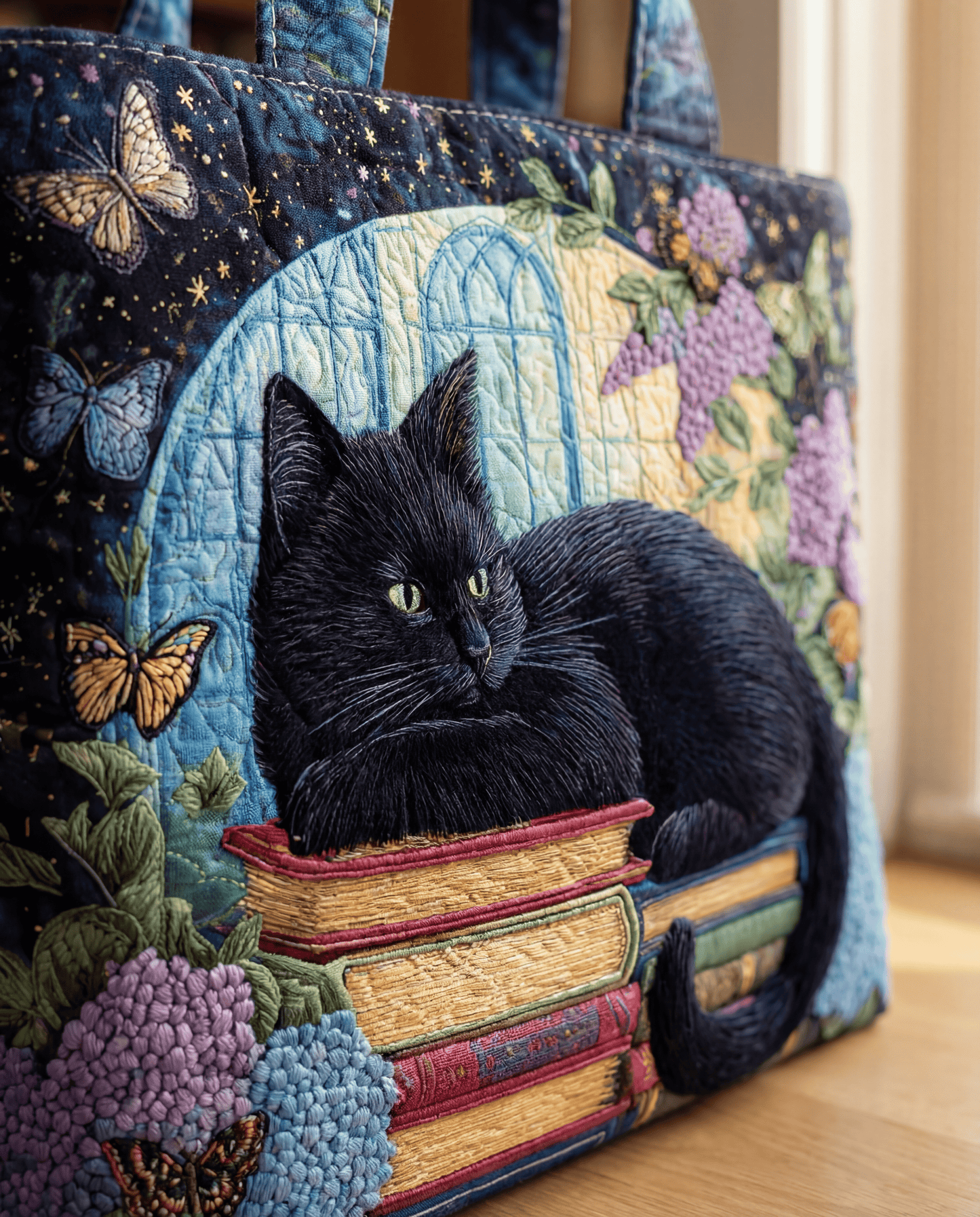 Bolso Artesanal “Gato Negro sobre Libros”