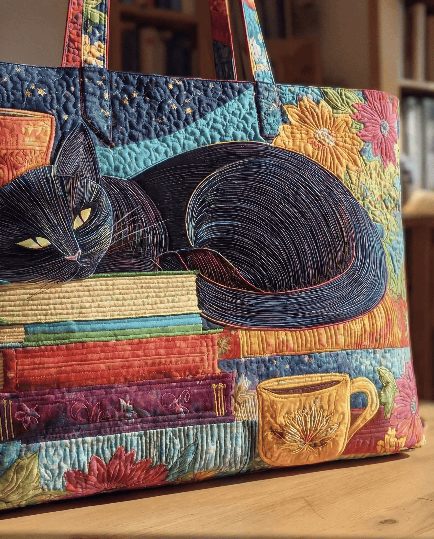 Bolso Artesanal “Gato Negro con Libros y Tazas”