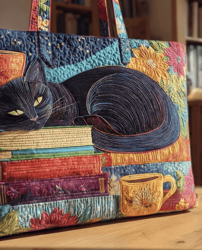 Bolso Artesanal “Gato Negro con Libros y Tazas”