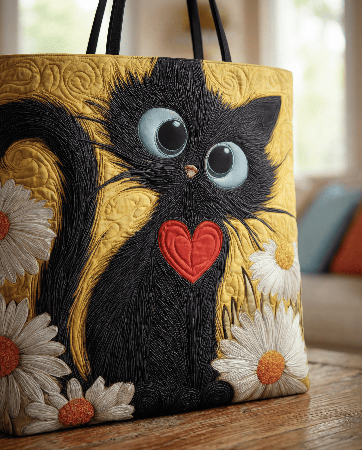 Bolso Artesanal “Gato Negro con Corazón y Margaritas”