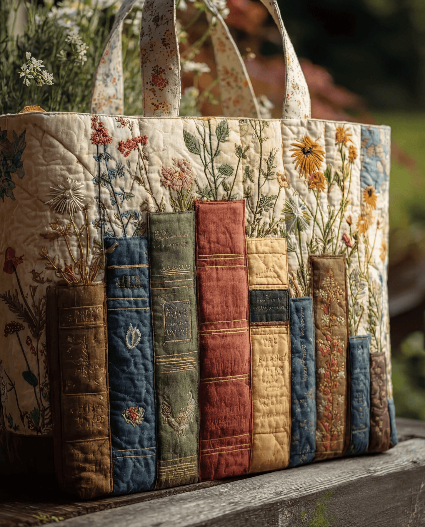 Bolso Artesanal Acolchado "Libros y Flores"