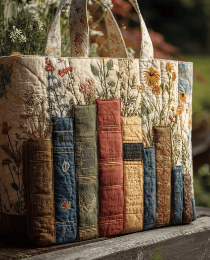 Bolso Artesanal Acolchado "Libros y Flores"