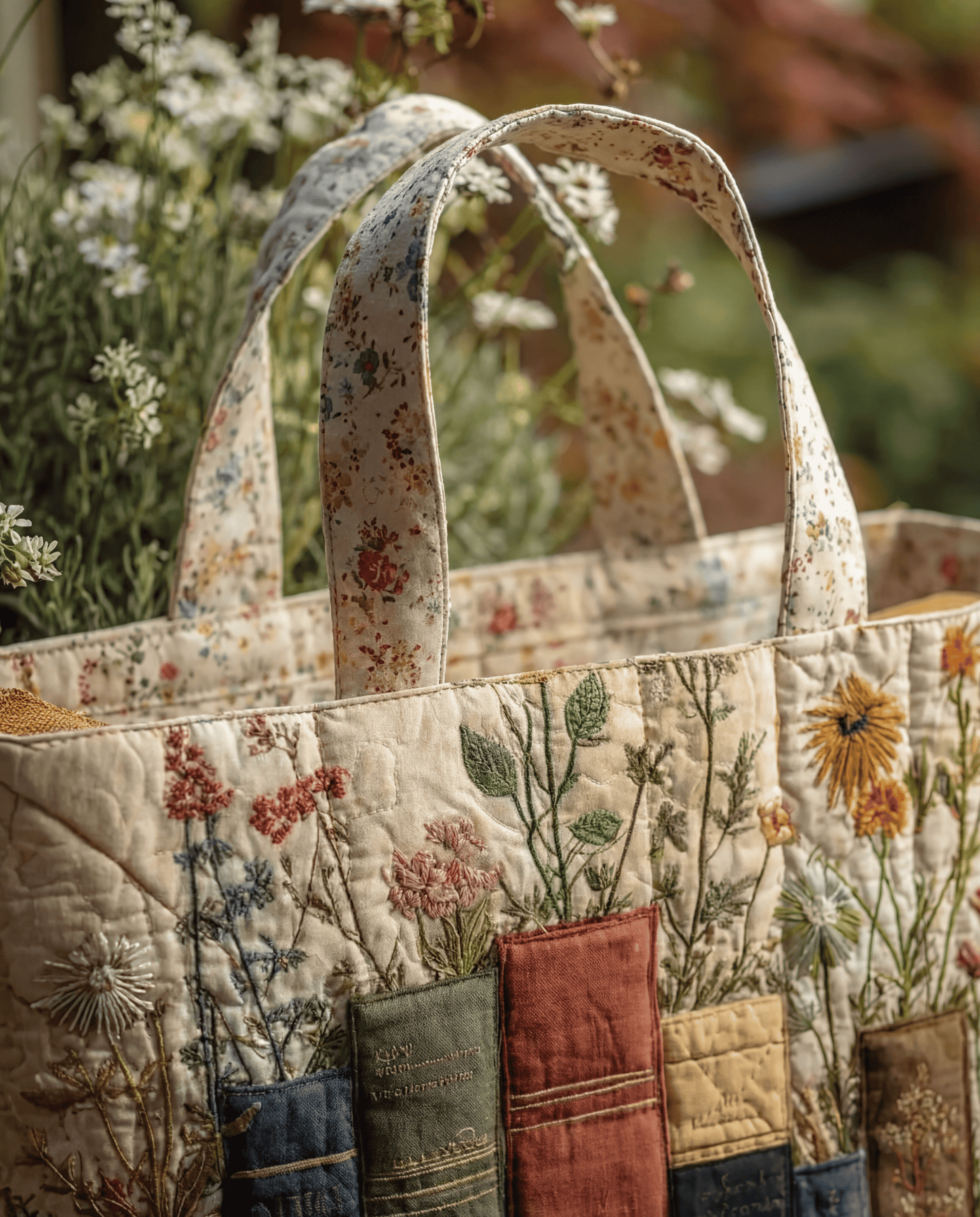 Bolso Artesanal Acolchado "Libros y Flores"