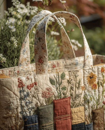 Bolso Artesanal Acolchado "Libros y Flores"